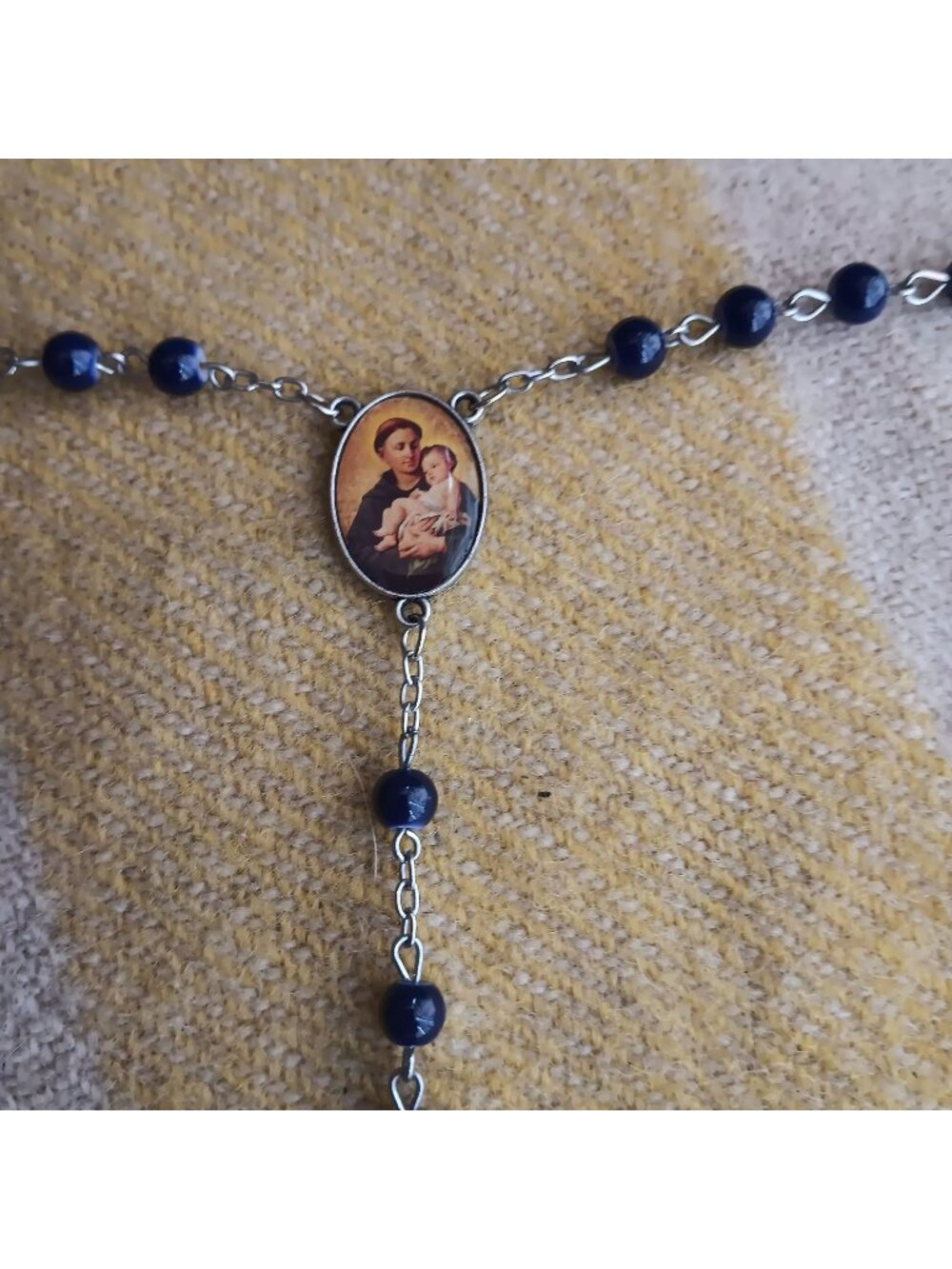 Vintage 30" Catholic Rosary Necklace Blue Bead Crucifix St Anthony Medal